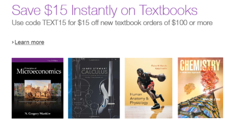 $15 off $100 textbook order, promo code TEXT15